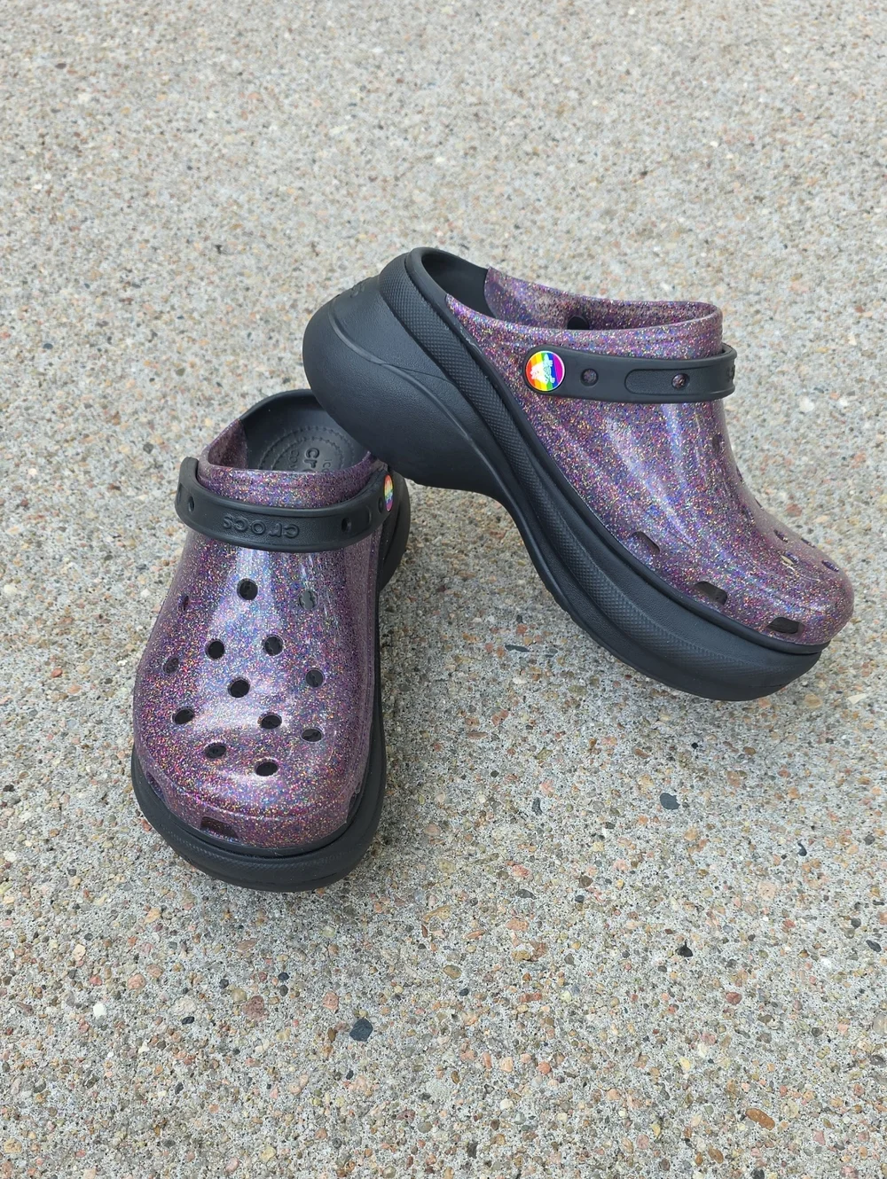 Crocs Classic Bae Chunky Platform Multi Glitter Translucent Clogs Pride Edition